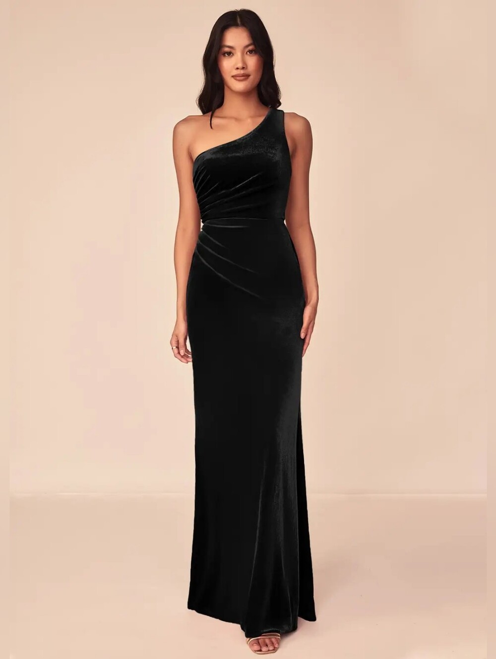 Azazie Argan Black Mermaid One Shoulder Pleated Velvet Dress - Size 12